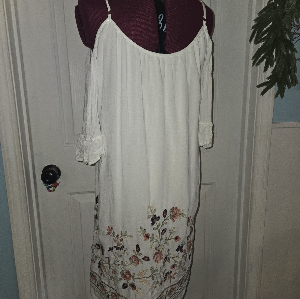 Altar'd State Small Floral Embroidered White Loose Fit Off Shoulder Spring Dress - Picture 3 of 9